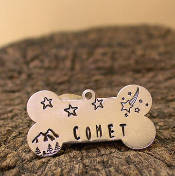 Personalised Dog ID - Hand-Stamped Bone Shape Aluminium Tag with Shooting Star Design