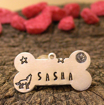 Personalised Dog ID - Hand-Stamped Bone Shape Aluminium Tag with Wolf Design