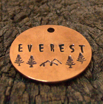 Personalised Pet ID Collar Tag – Premium Large Rose Gold Tone Copper With Trees and Mountain Design