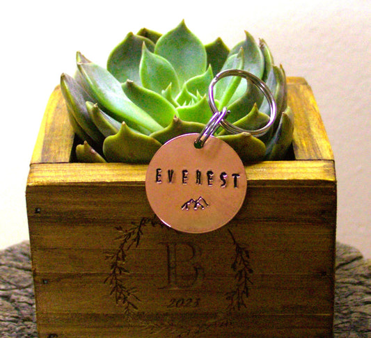 Personalised Pet ID Collar Tag – Premium Large Rose Gold Tone Copper With Trees and Mountain Design